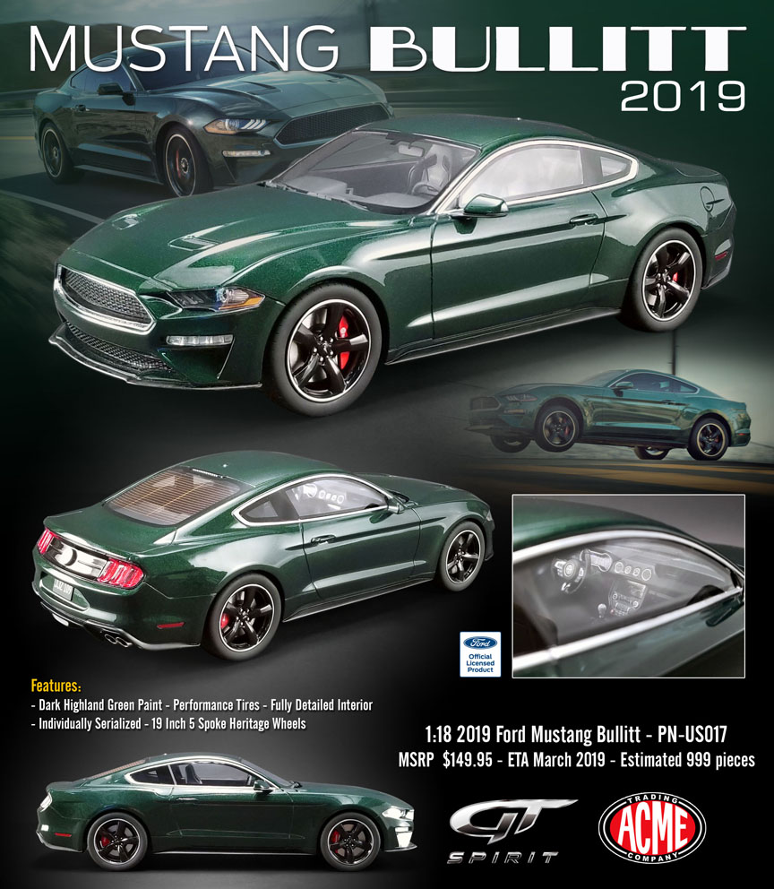 2019 Ford Mustang Bullitt Dark Highland Green 1 18 Model Car